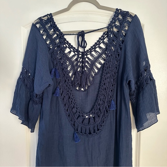 EKOUAER Womens Navy Blue Swim Cover Up Tunic Dress Beach Pool Crochet Size M - Picture 2 of 12